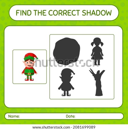 Find the correct shadows game with elf. worksheet for preschool kids, kids activity sheet