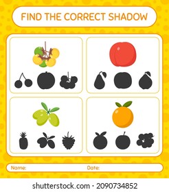 Find the correct shadows game with fruits. worksheet for preschool kids, kids activity sheet