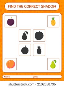 Encuentra el juego de sombras correcto con frutos. hoja de trabajo para niños de preescolar, hoja de actividades para niños