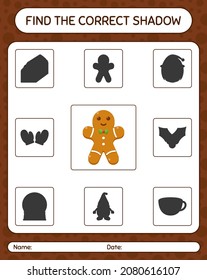 Find the correct shadows game with gingerbread cookie. worksheet for preschool kids, kids activity sheet