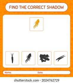 Find the correct shadows game with ginseng. worksheet for preschool kids, kids activity sheet