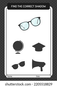 Find the correct shadows game with glasses. worksheet for preschool kids, kids activity sheet