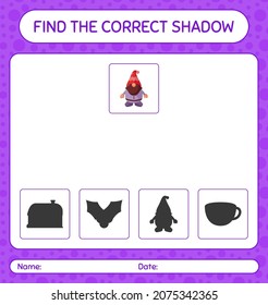 Find the correct shadows game with gnome. worksheet for preschool kids, kids activity sheet