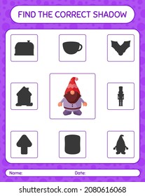 Find the correct shadows game with gnome. worksheet for preschool kids, kids activity sheet