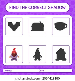 Find the correct shadows game with gnome. worksheet for preschool kids, kids activity sheet