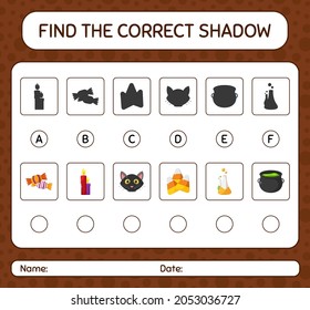 Find the correct shadows game with halloween icon. worksheet for preschool kids, kids activity sheet