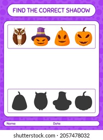 Find the correct shadows game with halloween icon. worksheet for preschool kids, kids activity sheet