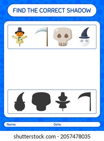 Find the correct shadows game with halloween icon. worksheet for preschool kids, kids activity sheet