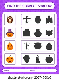 Find the correct shadows game with halloween icon. worksheet for preschool kids, kids activity sheet