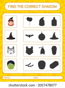 Encuentra el juego de sombras correcto con el icono de halloween. hoja de trabajo para niños de preescolar, hoja de actividades para niños