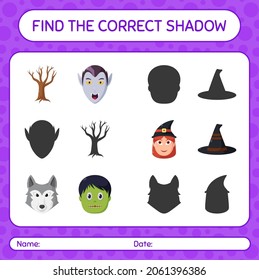 Finden Sie das richtige Schatten-Spiel mit Halloween-Icon. Arbeitsblatt für Vorschulkinder, Kinderaktivität