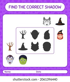 Find the correct shadows game with halloween icon. worksheet for preschool kids, kids activity sheet