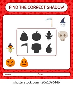 Encuentra el juego de sombras correcto con el icono de halloween. hoja de trabajo para niños de preescolar, hoja de actividades para niños
