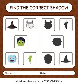 Encuentra el juego de sombras correcto con el icono de halloween. hoja de trabajo para niños de preescolar, hoja de actividades para niños