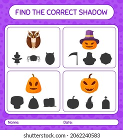 Find the correct shadows game with halloween icon. worksheet for preschool kids, kids activity sheet