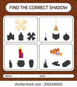 Encuentra el juego de sombras correcto con el icono de halloween. hoja de trabajo para niños de preescolar, hoja de actividades para niños