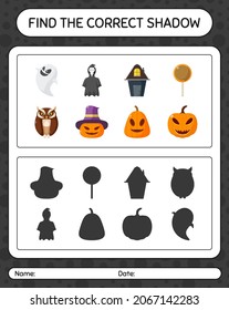Encuentra el juego de sombras correcto con el icono de halloween. hoja de trabajo para niños de preescolar, hoja de actividades para niños