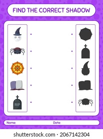 Encuentra el juego de sombras correcto con el icono de halloween. hoja de trabajo para niños de preescolar, hoja de actividades para niños