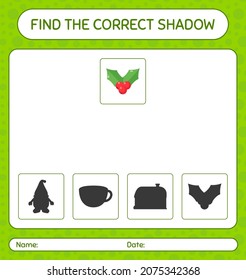 Find the correct shadows game with holly berry. worksheet for preschool kids, kids activity sheet