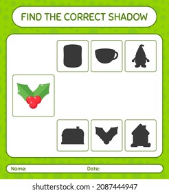 Find the correct shadows game with holly berry. worksheet for preschool kids, kids activity sheet