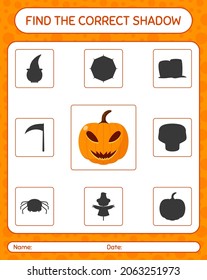 Find the correct shadows game with jack o' lantern. worksheet for preschool kids, kids activity sheet
