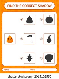Find the correct shadows game with jack o' lantern. worksheet for preschool kids, kids activity sheet