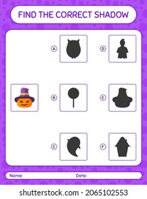 Find the correct shadows game with jack o' lantern. worksheet for preschool kids, kids activity sheet