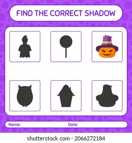 Find the correct shadows game with jack o' lantern. worksheet for preschool kids, kids activity sheet