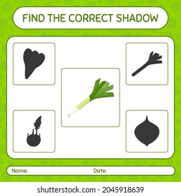 Encuentra el juego de sombras correcto con puerro. hoja de trabajo para niños de preescolar, hoja de actividades para niños