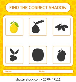 Find the correct shadows game with lemon. worksheet for preschool kids, kids activity sheet
