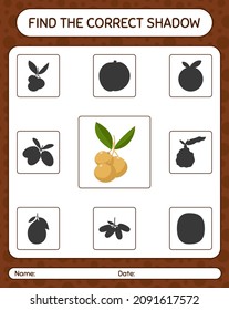 Find the correct shadows game with longan. worksheet for preschool kids, kids activity sheet