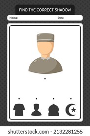 Find the correct shadows game with male moslem. worksheet for preschool kids, kids activity sheet