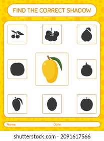 Find the correct shadows game with mango. worksheet for preschool kids, kids activity sheet