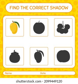 Find the correct shadows game with mango. worksheet for preschool kids, kids activity sheet