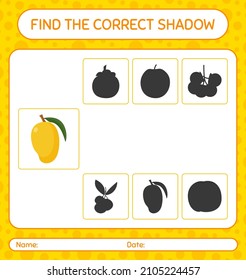 Find the correct shadows game with mango. worksheet for preschool kids, kids activity sheet