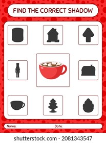 Find the correct shadows game with marshmallow on hot chocolate. worksheet for preschool kids, kids activity sheet
