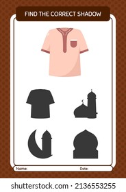 Encuentra el juego de sombras correcto con camiseta de moslem. hoja de trabajo para niños de preescolar, hoja de actividades para niños
