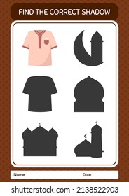 Encuentra el juego de sombras correcto con camiseta de moslem. hoja de trabajo para niños de preescolar, hoja de actividades para niños