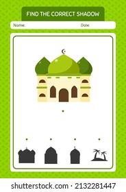 Encuentra el juego de sombras correcto con la mezquita. hoja de trabajo para niños de preescolar, hoja de actividades para niños