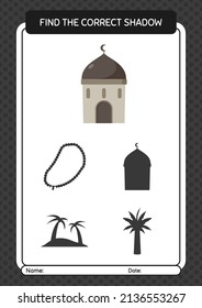 Find the correct shadows game with mosque. worksheet for preschool kids, kids activity sheet