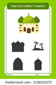 Find the correct shadows game with mosque. worksheet for preschool kids, kids activity sheet