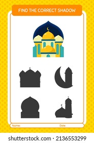 Find the correct shadows game with mosque. worksheet for preschool kids, kids activity sheet