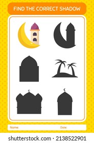 Finden Sie das richtige Schattenspiel mit Moschee. Arbeitsblatt für Vorschulkinder, Kinderaktivität