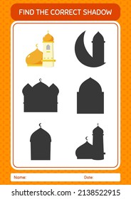 Find the correct shadows game with mosque. worksheet for preschool kids, kids activity sheet