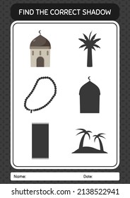 Encuentra el juego de sombras correcto con la mezquita. hoja de trabajo para niños de preescolar, hoja de actividades para niños