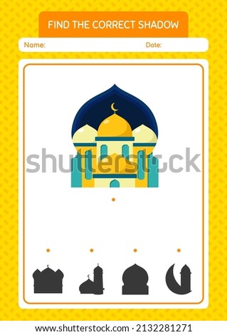 Find the correct shadows game with mosque. worksheet for preschool kids, kids activity sheet