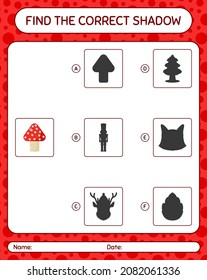 Find the correct shadows game with mushroom. worksheet for preschool kids, kids activity sheet