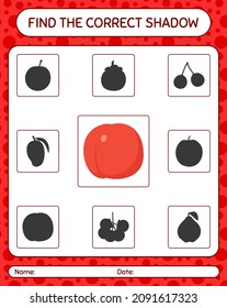 Find the correct shadows game with nectarine. worksheet for preschool kids, kids activity sheet