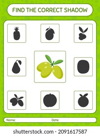 Find the correct shadows game with olive. worksheet for preschool kids, kids activity sheet