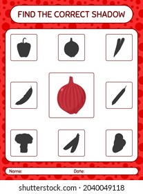Encuentra el juego de sombras correcto con cebolla. hoja de trabajo para niños de preescolar, hoja de actividades para niños